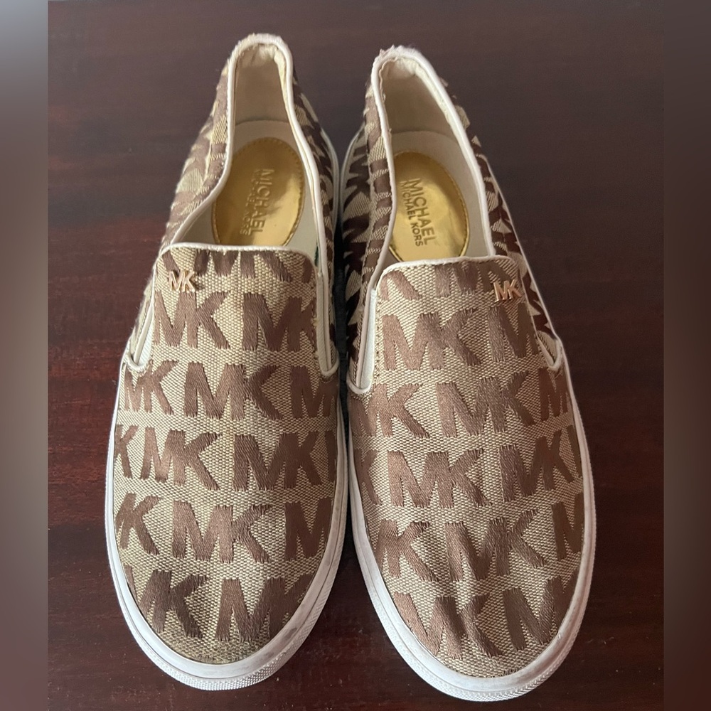 Michael Kors Tan and Brown Logo Slip-Ons - Picture 1 of 9